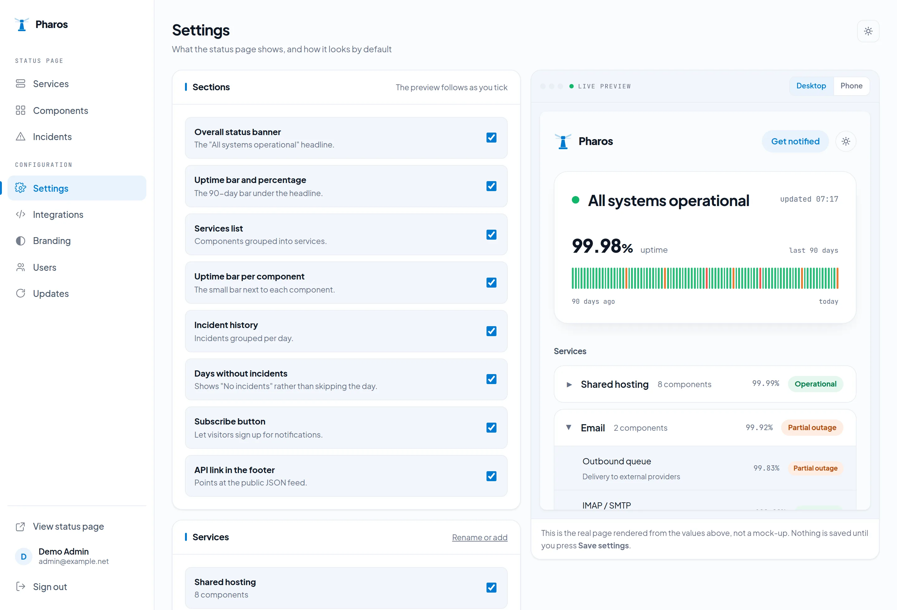The settings screen with section toggles on the left and a live preview of the public status page on the right.