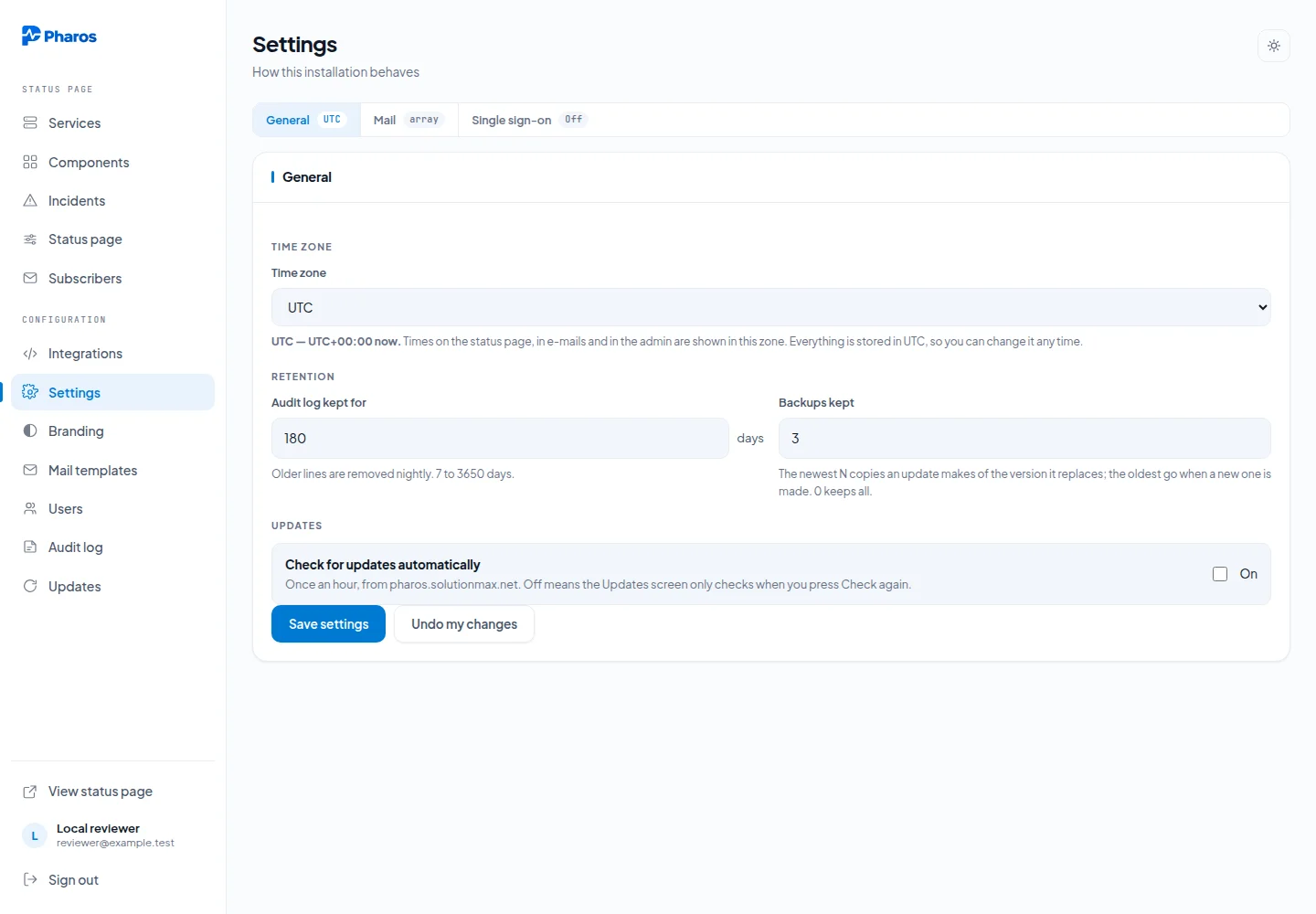 The Settings General tab showing time zone, retention and update options