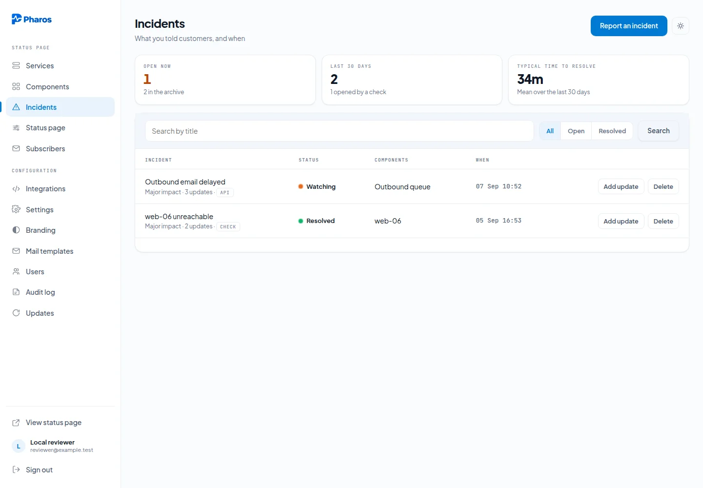 The admin incidents screen listing an open and a resolved incident