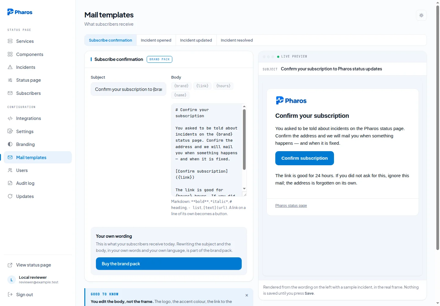 The mail templates editor with a Markdown body and a live preview