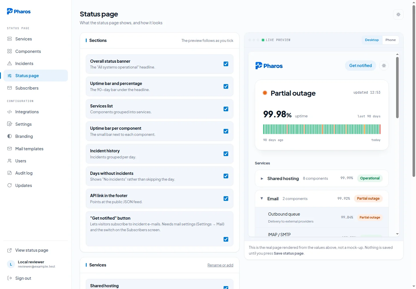 The status page editor with section toggles beside a live preview