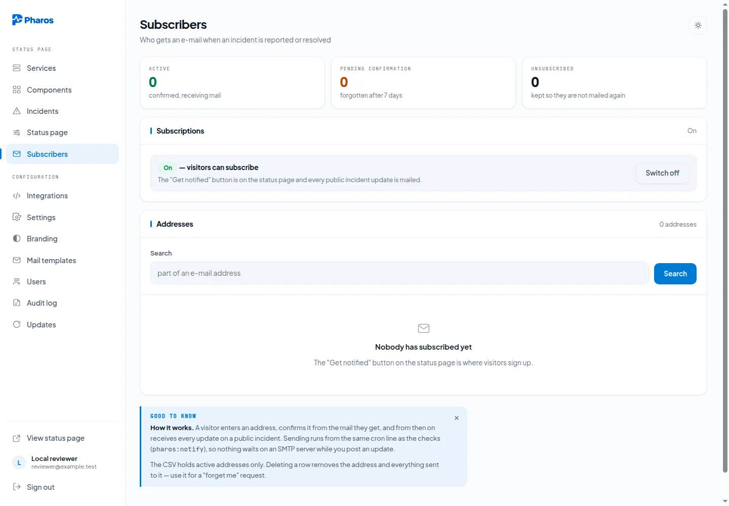 The admin subscribers screen listing confirmed and pending addresses