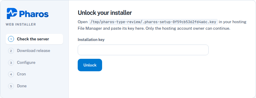 The installer unlock screen with the Pharos logo and a private installation-key field.