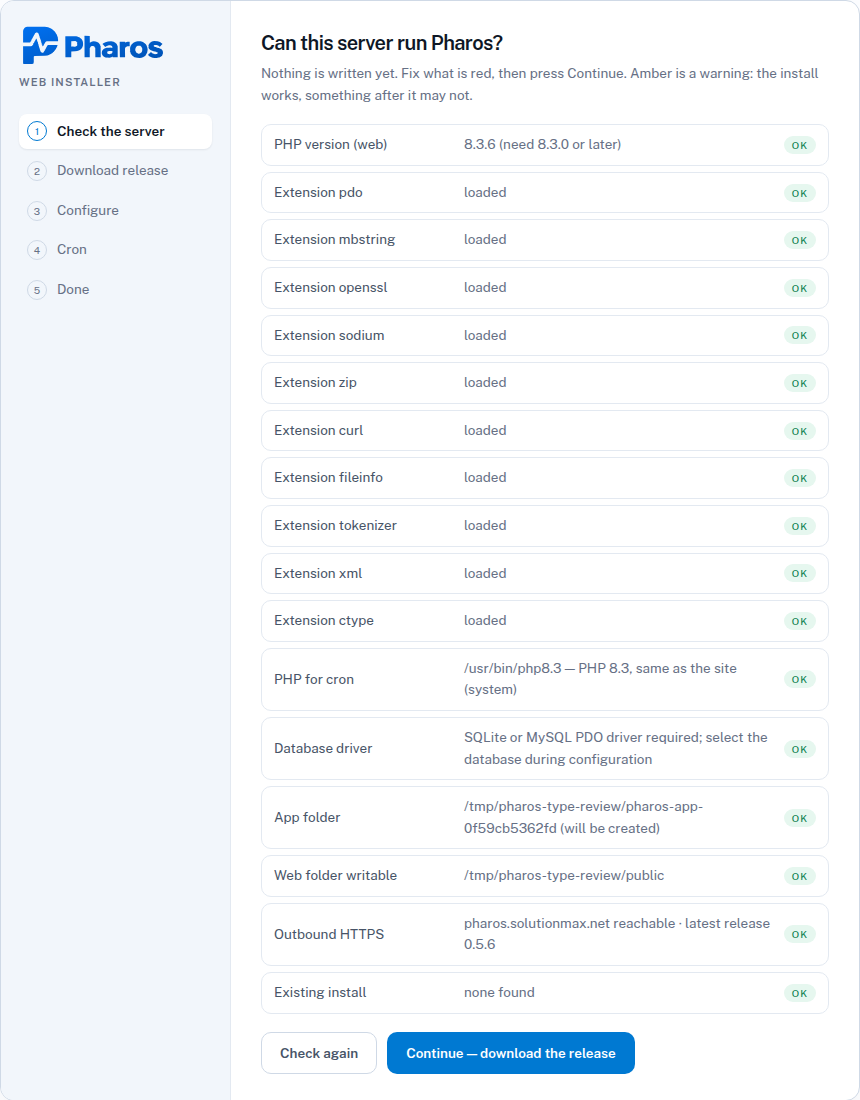 The web installer's requirements screen: PHP version, required extensions, app and web folder, outbound HTTPS and existing-install check, each marked OK.