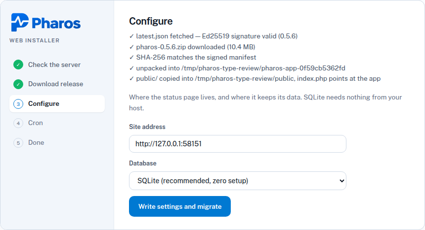 The configure screen after the download: signature valid, archive verified, unpacked, public folder copied; site address and database fields.