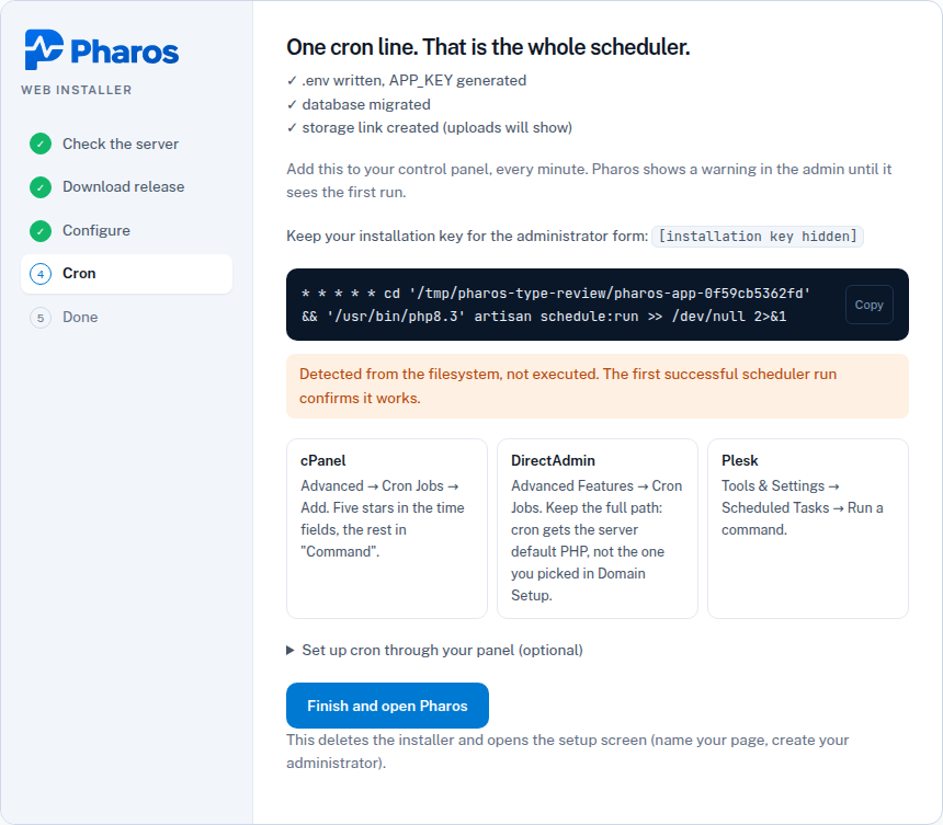 The cron screen: one crontab line with a Copy button and where to add it in cPanel, DirectAdmin and Plesk.