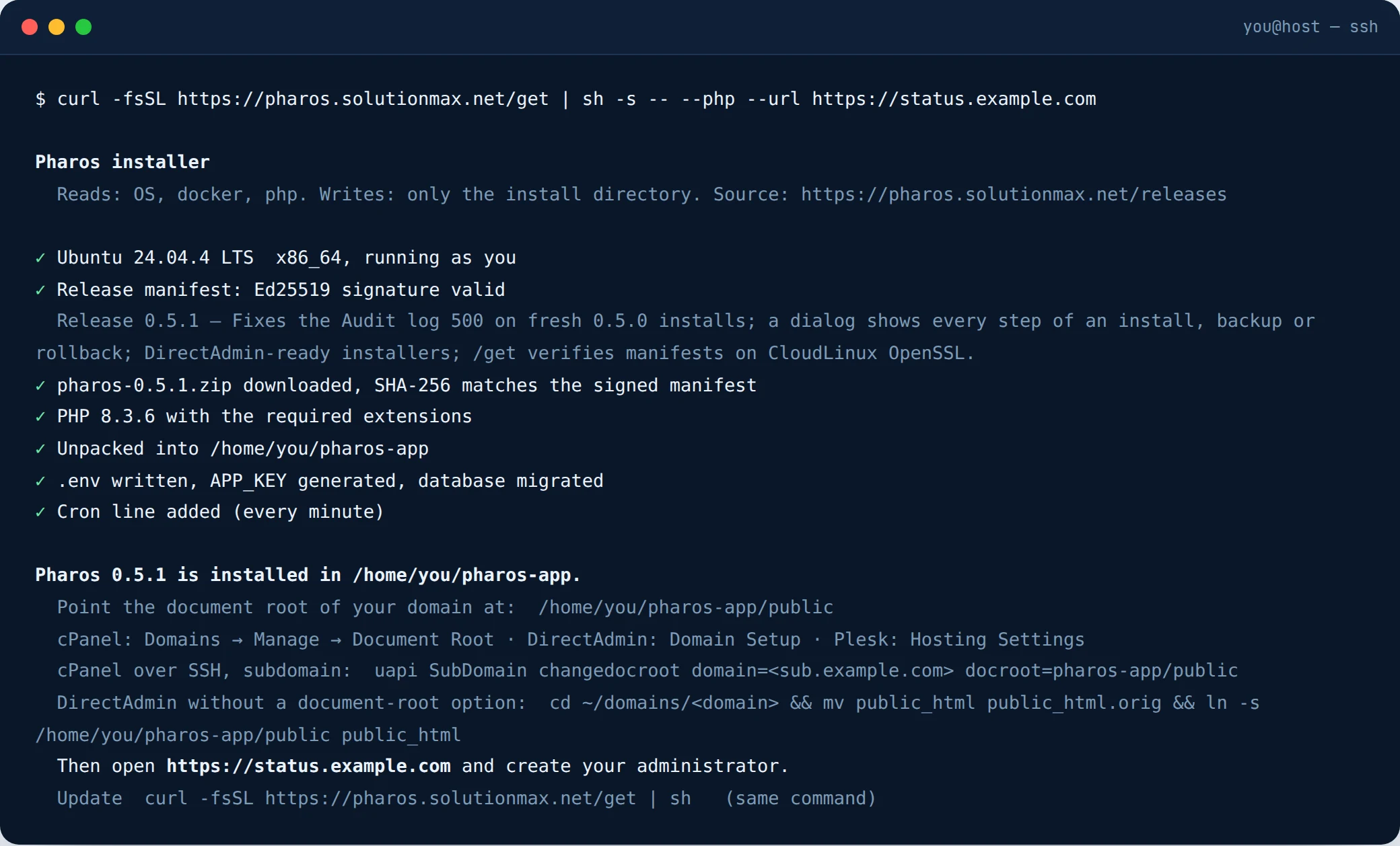 A terminal running the get script: OS detected, manifest signature valid, archive downloaded and verified, PHP checked, unpacked, .env written and migrated, cron line added, then the document-root instructions per panel.