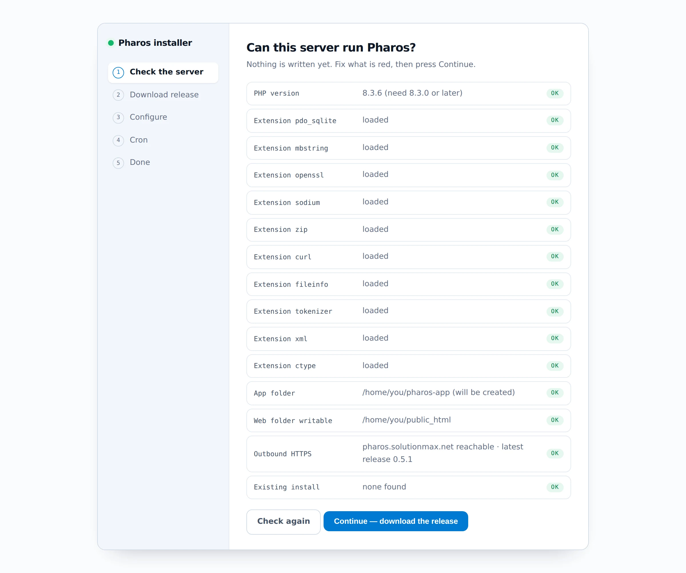 The web installer's first screen: PHP version, required extensions, app and web folder, outbound HTTPS and existing-install check, each marked OK.