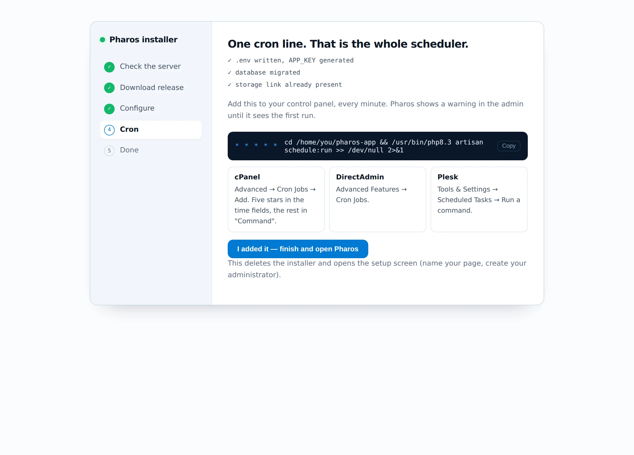The cron screen: one crontab line with a Copy button, and where to add it in cPanel, DirectAdmin and Plesk.