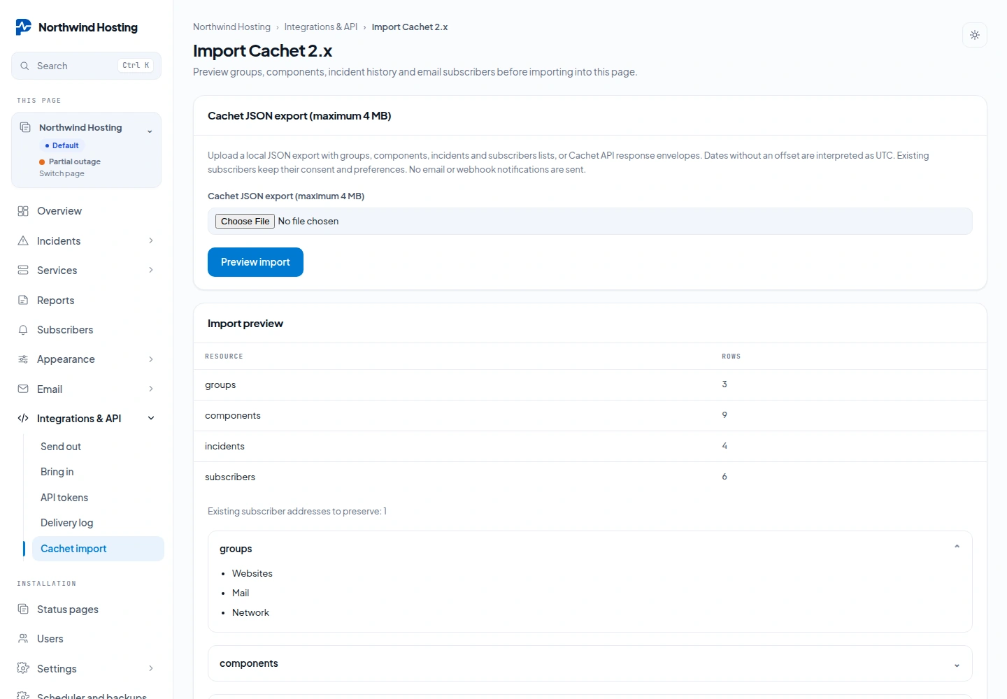 The Import Cachet 2.x screen: the upload field for a JSON export and a preview that counts 3 groups, 9 components, 4 incidents and 6 subscribers before anything is imported