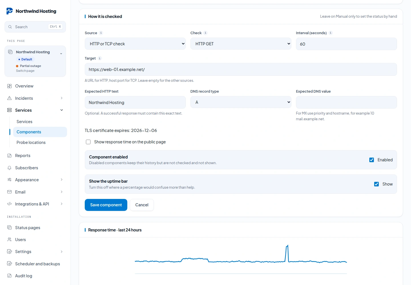 The How it is checked card of a component: source, check type, interval, target, expected HTTP text, DNS record type and expected DNS value, the certificate expiry date, and the response time chart of the last 24 hours