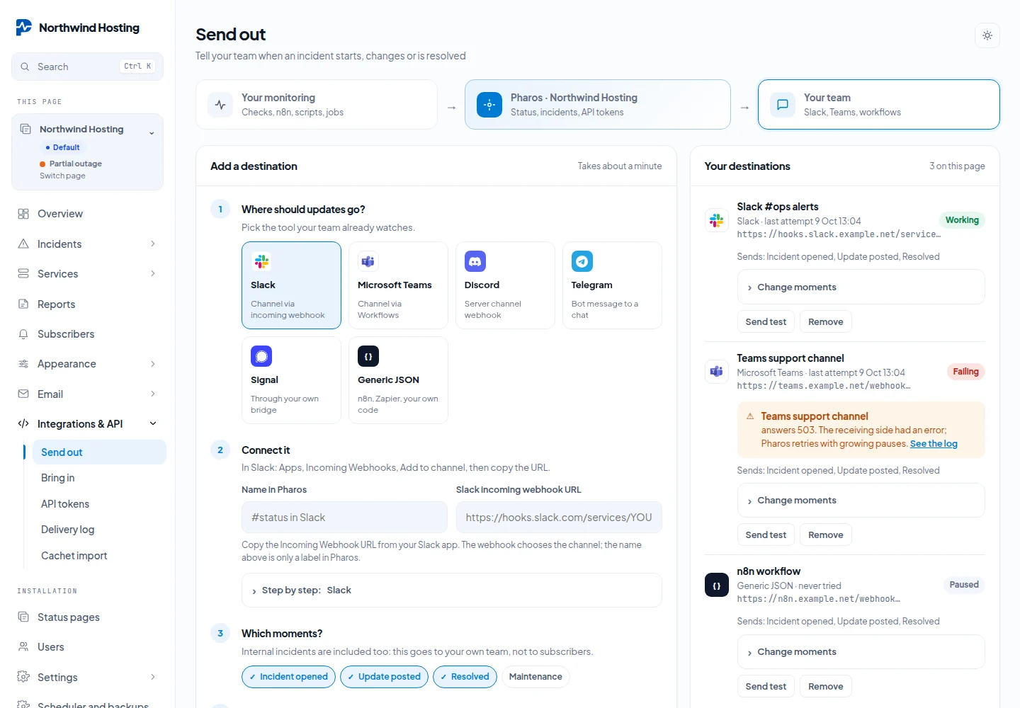 The Send out screen: add a destination such as Slack, Microsoft Teams, Discord, Telegram, Signal or generic JSON in numbered steps and choose its moments, beside the destinations of this page with their health