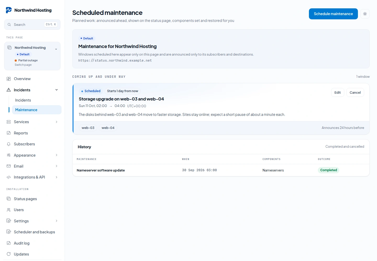 The Scheduled maintenance screen: a storage upgrade on web-03 and web-04 starting in one day and announced 24 hours before, and a history with a completed nameserver update