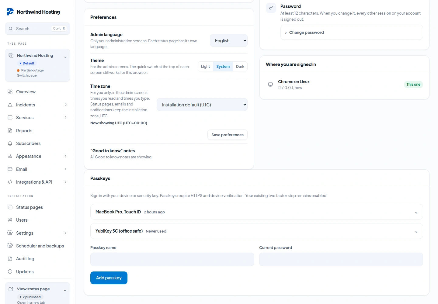 The Passkeys card on the profile page with two passkeys, a laptop with a fingerprint reader used two hours ago and a security key that was never used, and the form to add one with a name and the current password