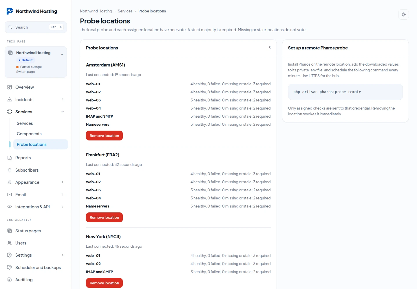 The Probe locations screen with three locations, Amsterdam, Frankfurt and New York, each listing its assigned checks with healthy, failed and missing votes, beside the command to run on a remote Pharos install