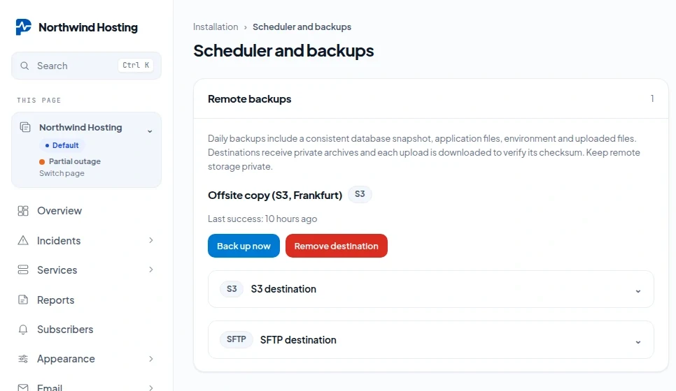 The Remote backups card on Scheduler and backups: one S3 destination with its last success and a Back up now button, and the forms to add an S3 or SFTP destination
