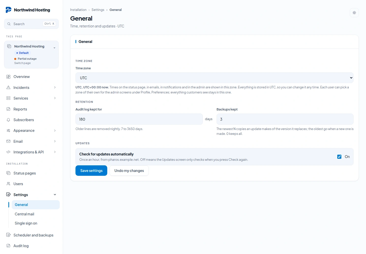 The General settings of the installation: time zone, audit log retention, backups kept and automatic update checks