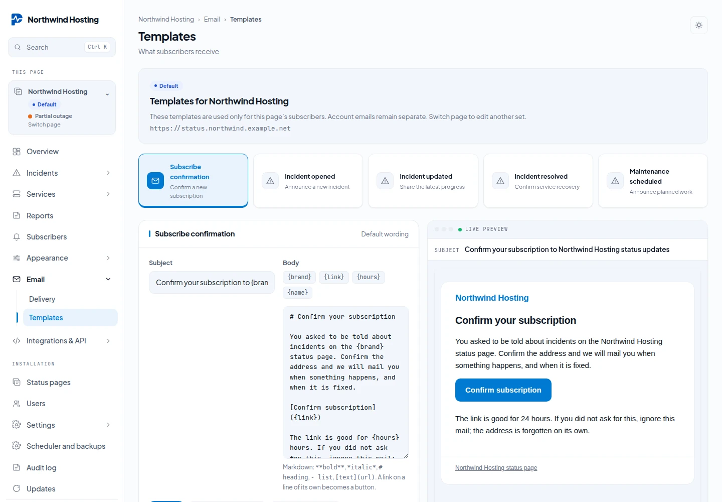 The email templates of one page: a template per moment, the Markdown body and a live preview of the mail