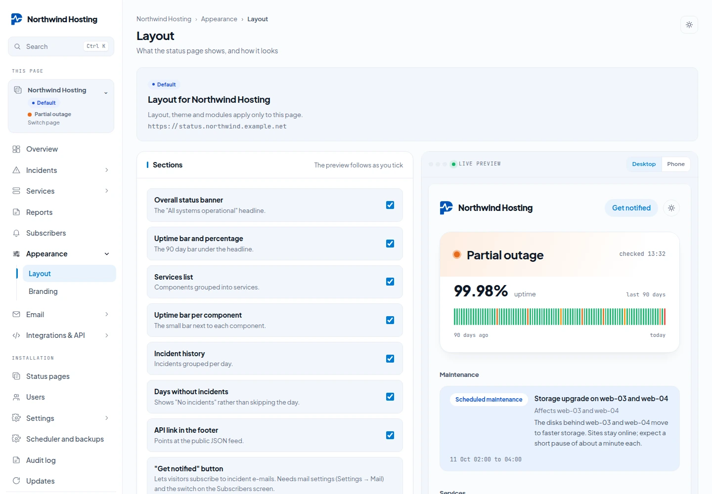 The Layout screen of a status page: one switch per section beside a live preview that shows an upcoming maintenance window