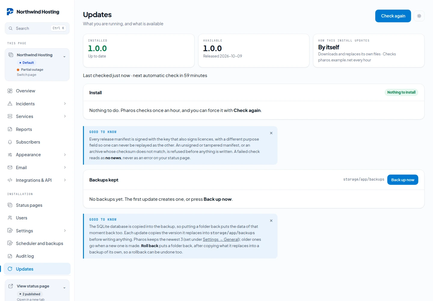 The Updates screen: installed version, latest release, how this install updates, and the backups kept