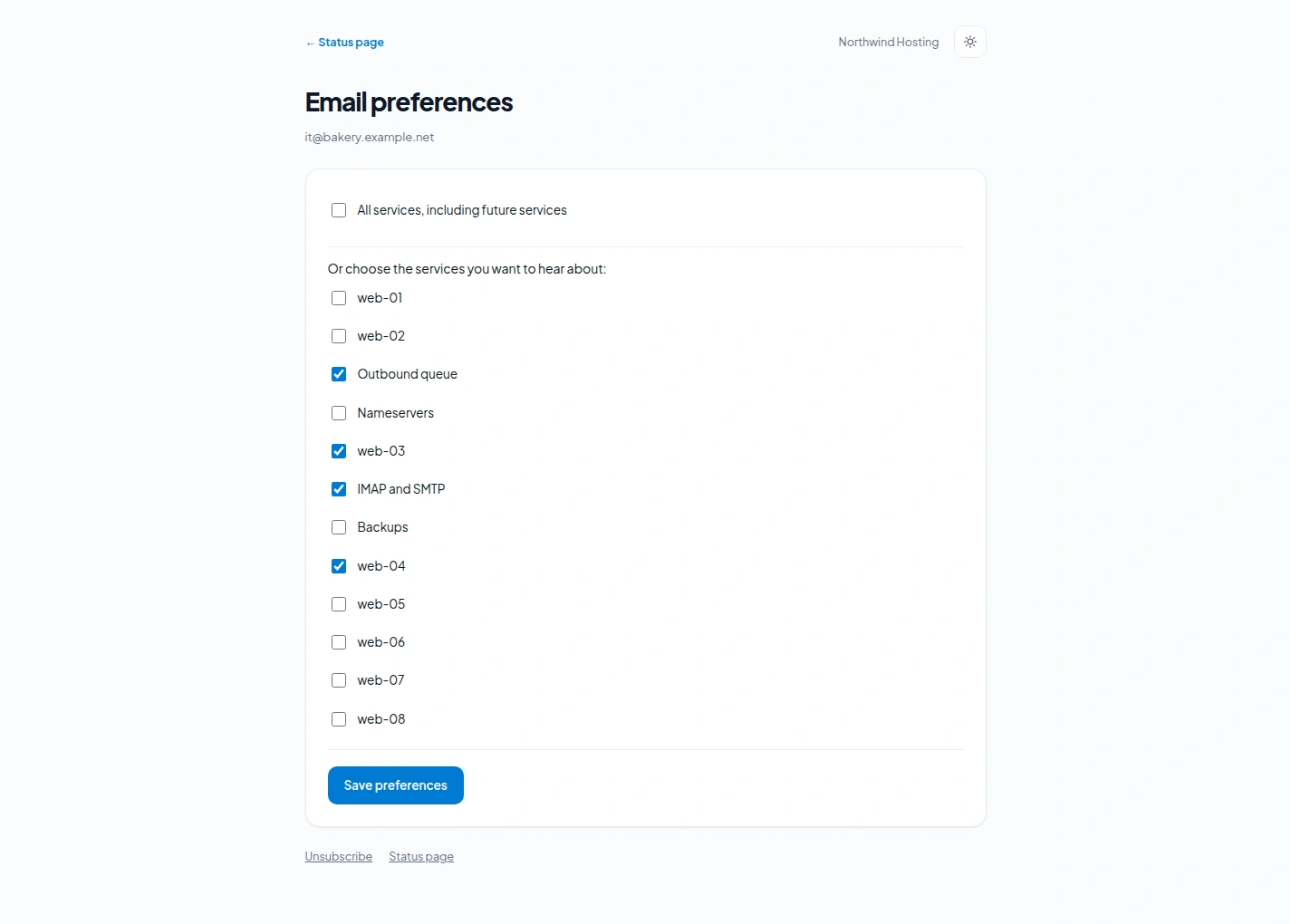 The Email preferences page of a subscriber: a box for all services including future ones, or a selection of services ticked one by one